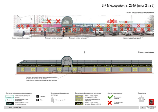 Архитектурная концепция размещения вывесок — 2-й микрорайон, корп. 234А, Москва, лист 2 из 3 · Документ по адресу · Архитектурно-художественная концепция · 2016 год