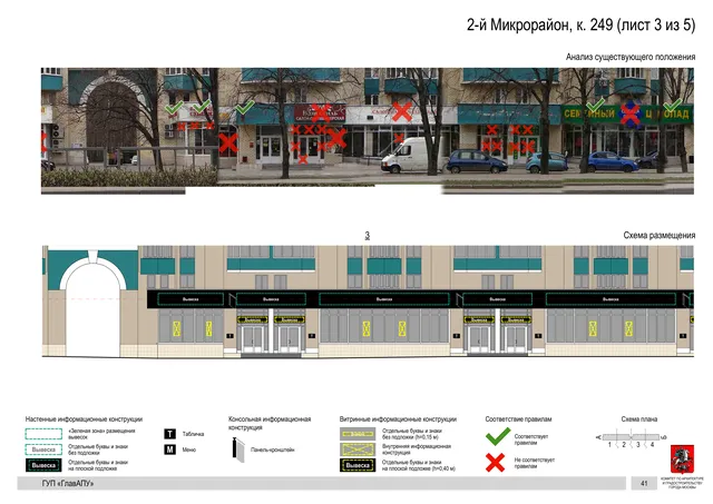 Архитектурная концепция размещения вывесок — 2-й микрорайон, корп. 249, Москва, лист 3 из 5 · Документ по адресу · Архитектурно-художественная концепция · 2016 год