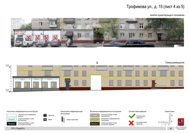 Архитектурная концепция размещения вывесок — Трофимова улица, 15, Москва, лист 4 из 5 · Документ по адресу · Архитектурно-художественная концепция · 2016 год