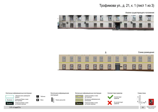 Архитектурная концепция размещения вывесок — Трофимова улица, 21, корп. 1, Москва, лист 1 из 3 · Документ по адресу · Архитектурно-художественная концепция · 2016 год