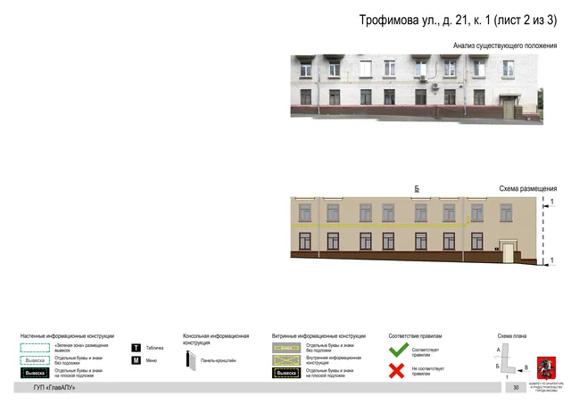 Архитектурная концепция размещения вывесок — Трофимова улица, 21, корп. 1, Москва, лист 2 из 3 · Документ по адресу · Архитектурно-художественная концепция · 2016 год
