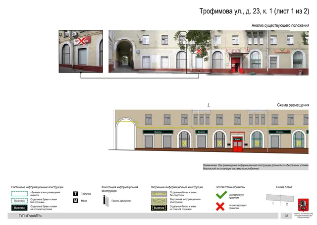 Архитектурная концепция размещения вывесок — Трофимова улица, 23, корп. 1, Москва, лист 1 из 2 · Документ по адресу · Архитектурно-художественная концепция · 2016 год