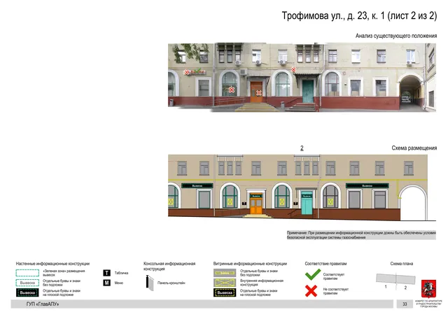 Архитектурная концепция размещения вывесок — Трофимова улица, 23, корп. 1, Москва, лист 2 из 2 · Документ по адресу · Архитектурно-художественная концепция · 2016 год
