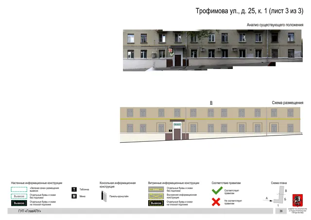 Архитектурная концепция размещения вывесок — Трофимова улица, 25, корп. 1, Москва, лист 3 из 3 · Документ по адресу · Архитектурно-художественная концепция · 2016 год