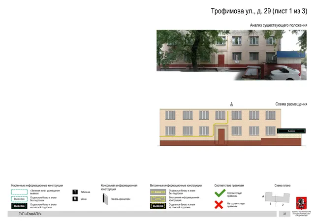 Архитектурная концепция размещения вывесок — Трофимова улица, 29, Москва, лист 1 из 3 · Документ по адресу · Архитектурно-художественная концепция · 2016 год
