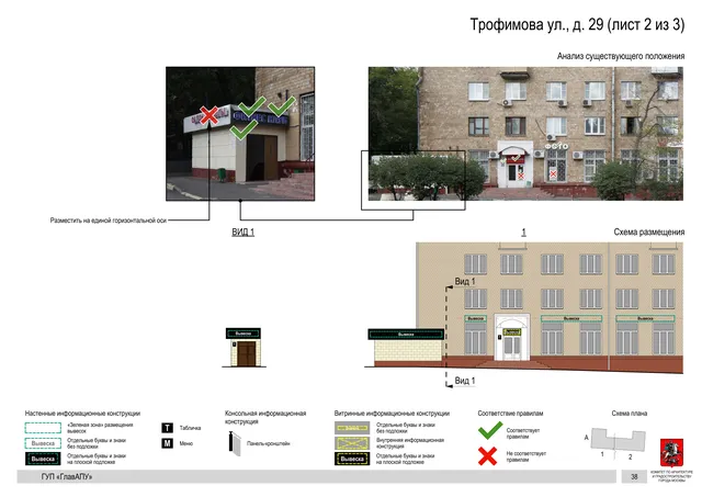 Архитектурная концепция размещения вывесок — Трофимова улица, 29, Москва, лист 2 из 3 · Документ по адресу · Архитектурно-художественная концепция · 2016 год