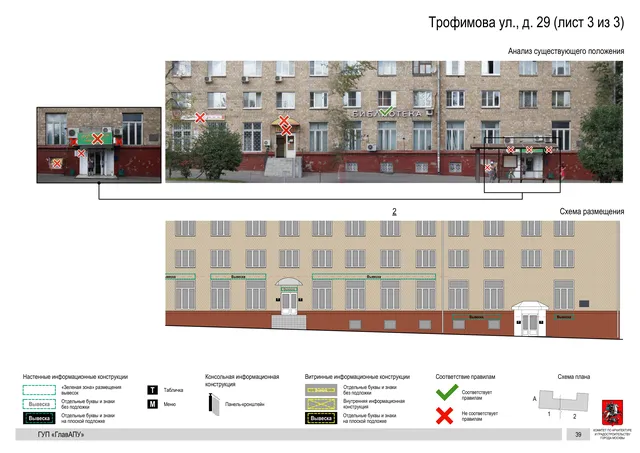 Архитектурная концепция размещения вывесок — Трофимова улица, 29, Москва, лист 3 из 3 · Документ по адресу · Архитектурно-художественная концепция · 2016 год