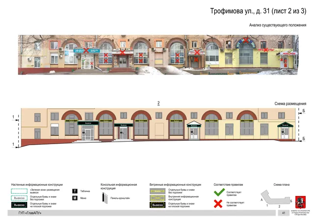 Архитектурная концепция размещения вывесок — Трофимова улица, 31, Москва, лист 2 из 3 · Документ по адресу · Архитектурно-художественная концепция · 2016 год