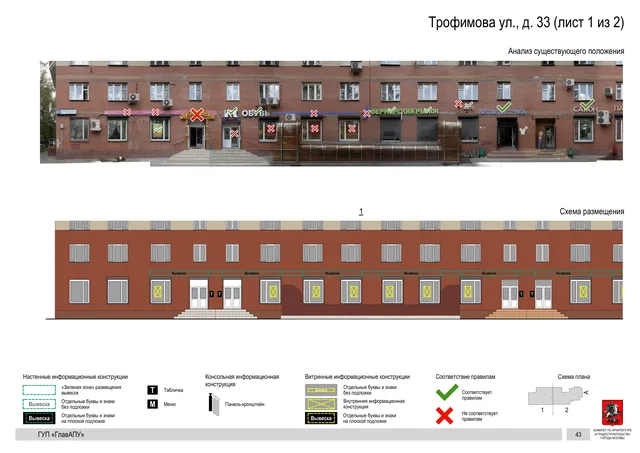 Архитектурная концепция размещения вывесок — Трофимова улица, 33, Москва, лист 1 из 2 · Документ по адресу · Архитектурно-художественная концепция · 2016 год
