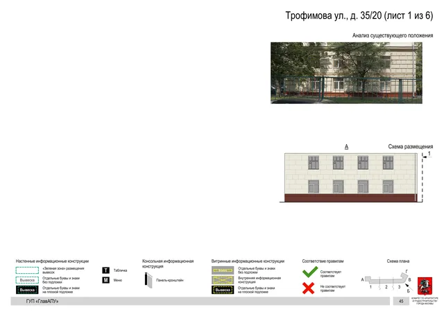 Архитектурная концепция размещения вывесок — Трофимова улица, 35/20, Москва, лист 1 из 6 · Документ по адресу · Архитектурно-художественная концепция · 2016 год