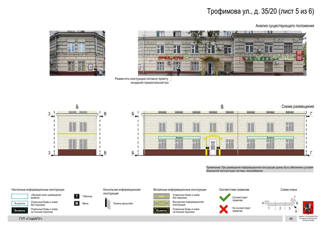 Архитектурная концепция размещения вывесок — Трофимова улица, 35/20, Москва, лист 5 из 6 · Документ по адресу · Архитектурно-художественная концепция · 2016 год
