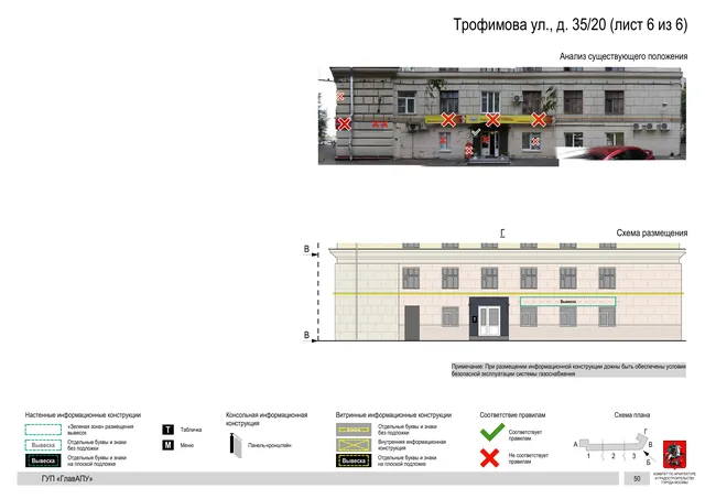 Архитектурная концепция размещения вывесок — Трофимова улица, 35/20, Москва, лист 6 из 6 · Документ по адресу · Архитектурно-художественная концепция · 2016 год