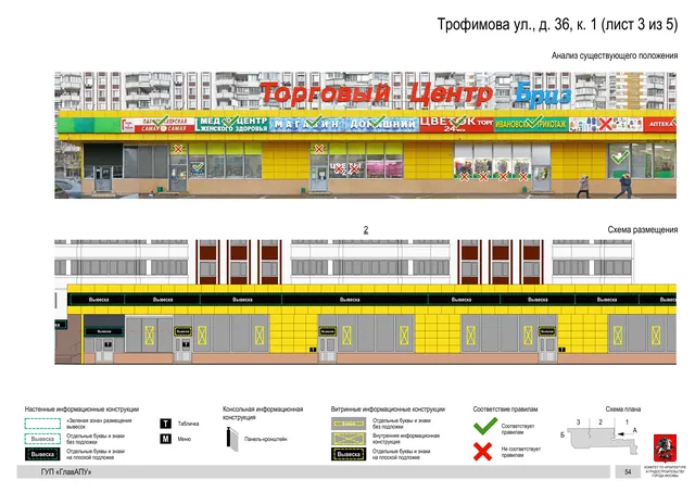 Архитектурная концепция размещения вывесок — Трофимова улица, 36, корп. 1, Москва, лист 3 из 5 · Документ по адресу · Архитектурно-художественная концепция · 2016 год