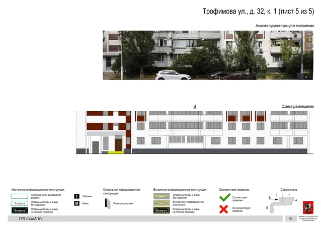 Архитектурная концепция размещения вывесок — Трофимова улица, 32, корп. 1, Москва, лист 5 из 5 · Документ по адресу · Архитектурно-художественная концепция · 2016 год
