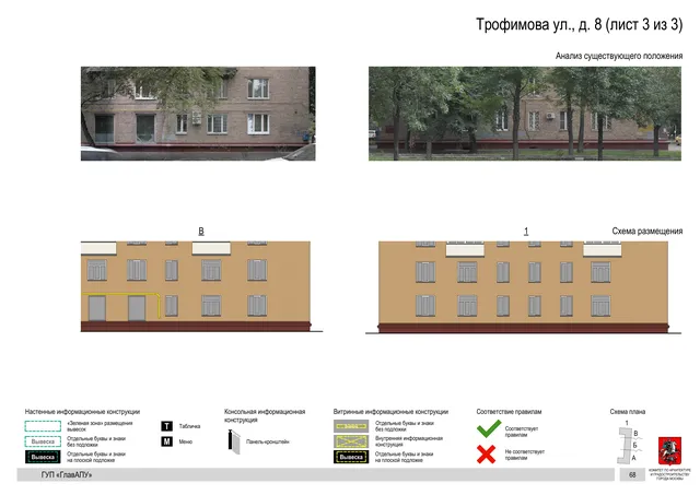 Архитектурная концепция размещения вывесок — Трофимова улица, 8, Москва, лист 3 из 3 · Документ по адресу · Архитектурно-художественная концепция · 2016 год