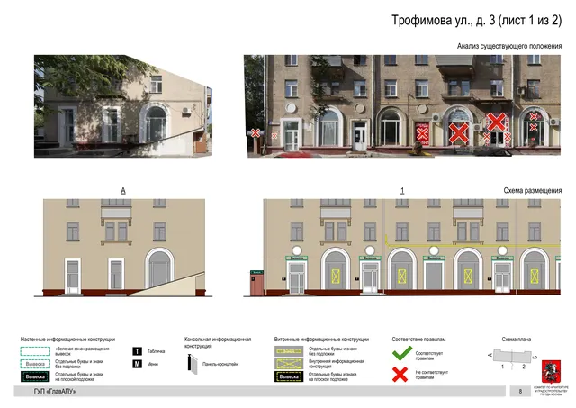 Архитектурная концепция размещения вывесок — Трофимова улица, 3, Москва, лист 1 из 2 · Документ по адресу · Архитектурно-художественная концепция · 2016 год