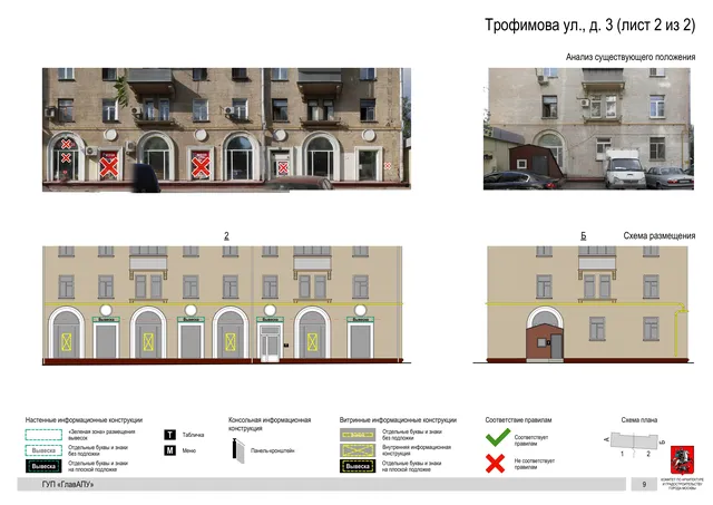 Архитектурная концепция размещения вывесок — Трофимова улица, 3, Москва, лист 2 из 2 · Документ по адресу · Архитектурно-художественная концепция · 2016 год