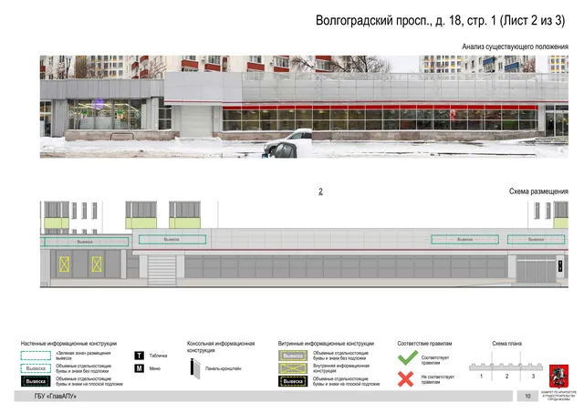 Волгоградский просп., д. 18, стр. 1 (Лист 2 из 3) · PDF 12 Архитектурная концепция размещения вывесок — Волгоградский проспект, 18, стр. 1, Москва, лист 2 из 3 · Документ по адресу · АХК № 2437 от 31.10.2025