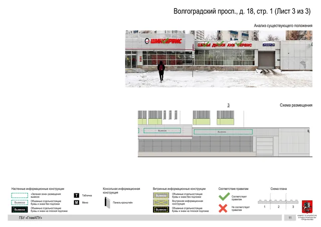 Волгоградский просп., д. 18, стр. 1 (Лист 3 из 3) · PDF 13 Архитектурная концепция размещения вывесок — Волгоградский проспект, 18, стр. 1, Москва, лист 3 из 3 · Документ по адресу · АХК № 2437 от 31.10.2025