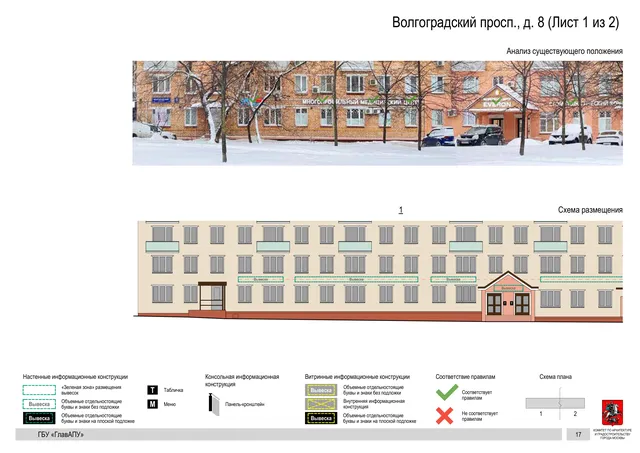 Волгоградский просп., д. 8 (Лист 1 из 2) · PDF 19 Архитектурная концепция размещения вывесок — Волгоградский проспект, 8, Москва, лист 1 из 2 · Документ по адресу · АХК № 2437 от 31.10.2025