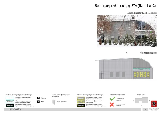 Архитектурная концепция размещения вывесок — Волгоградский проспект, 37А, Москва, лист 1 из 3 · Документ по адресу · АХК № 2437 от 31.10.2025