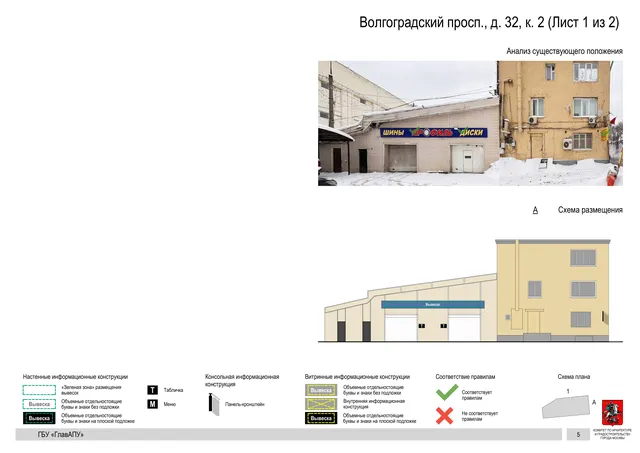 Архитектурная концепция размещения вывесок — Волгоградский проспект, 32, корп. 2, Москва, лист 1 из 2 · Документ по адресу · АХК № 2437 от 31.10.2025