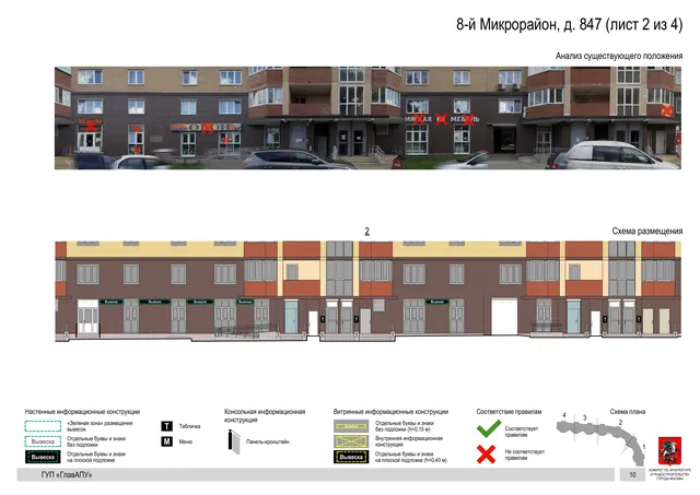 Архитектурная концепция размещения вывесок — 8-й микрорайон, 847, Москва, лист 2 из 4 · Документ по адресу · Архитектурно-художественная концепция · 2016 год
