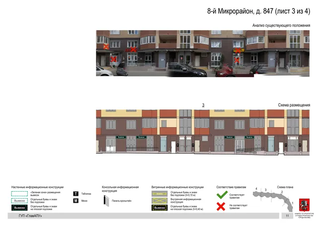 Архитектурная концепция размещения вывесок — 8-й микрорайон, 847, Москва, лист 3 из 4 · Документ по адресу · Архитектурно-художественная концепция · 2016 год