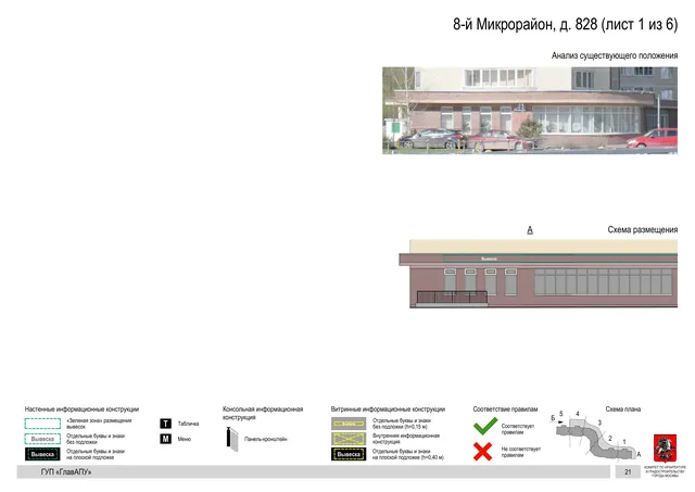 Архитектурная концепция размещения вывесок — 8-й микрорайон, 828, Москва, лист 1 из 6 · Документ по адресу · Архитектурно-художественная концепция · 2016 год