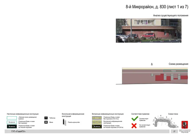Архитектурная концепция размещения вывесок — 8-й микрорайон, 830, Москва, лист 1 из 7 · Документ по адресу · Архитектурно-художественная концепция · 2016 год