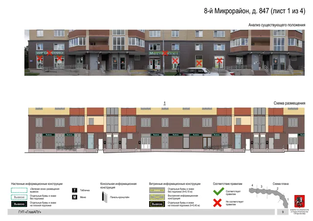 Архитектурная концепция размещения вывесок — 8-й микрорайон, 847, Москва, лист 1 из 4 · Документ по адресу · Архитектурно-художественная концепция · 2016 год