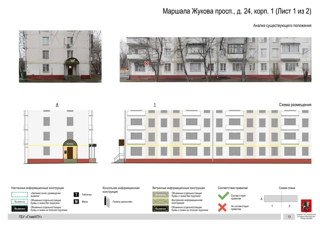 Архитектурная концепция размещения вывесок — Маршала жукова проспект, 24, корп. 1, Москва, лист 1 из 2 · Документ по адресу · Архитектурно-художественная концепция · 2020 год