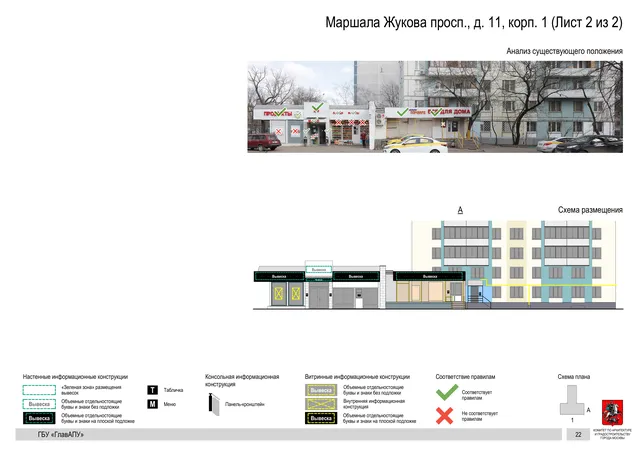 Архитектурная концепция размещения вывесок — Маршала жукова проспект, 11, корп. 1, Москва, лист 2 из 2 · Документ по адресу · Архитектурно-художественная концепция · 2020 год