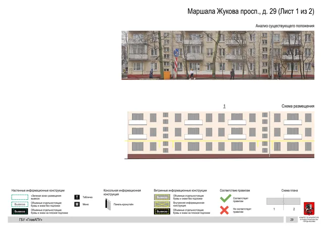 Архитектурная концепция размещения вывесок — Маршала жукова проспект, 29, Москва, лист 1 из 2 · Документ по адресу · Архитектурно-художественная концепция · 2020 год