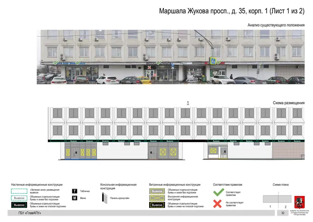 Архитектурная концепция размещения вывесок — Маршала жукова проспект, 35, корп. 1, Москва, лист 1 из 2 · Документ по адресу · Архитектурно-художественная концепция · 2020 год