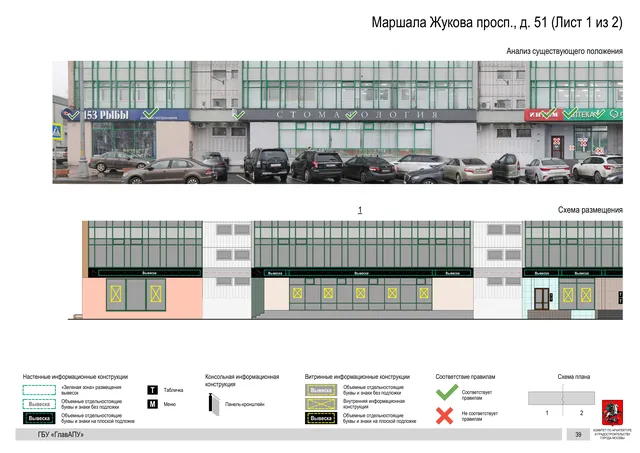 Архитектурная концепция размещения вывесок — Маршала жукова проспект, 51, Москва, лист 1 из 2 · Документ по адресу · Архитектурно-художественная концепция · 2020 год