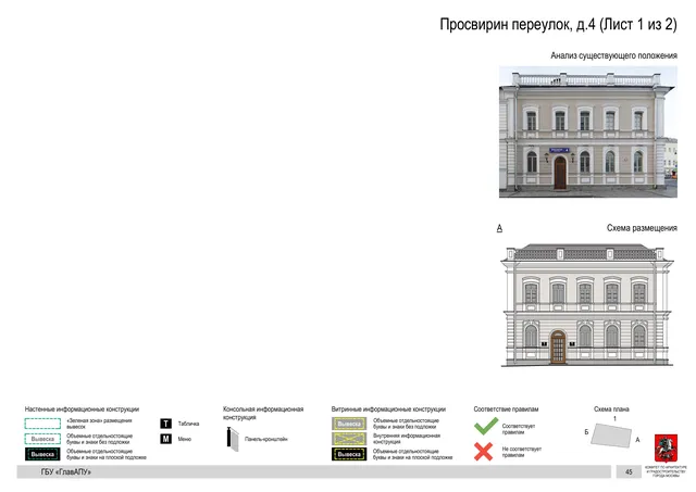 Архитектурная концепция размещения вывесок — Просвирин переулок, 4, Москва, лист 1 из 2 · Документ по адресу · Архитектурно-художественная концепция · 2018 год