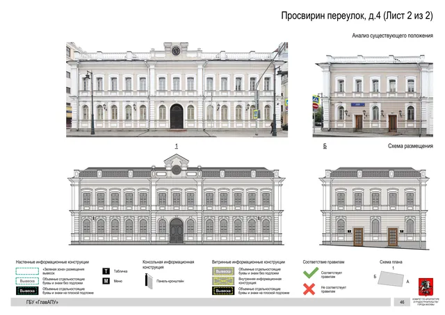 Архитектурная концепция размещения вывесок — Просвирин переулок, 4, Москва, лист 2 из 2 · Документ по адресу · Архитектурно-художественная концепция · 2018 год