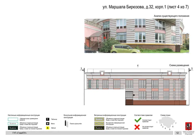 Архитектурная концепция размещения вывесок — Маршала бирюзова улица, 32, корп. 1, Москва, лист 4 из 7 · Документ по адресу · Архитектурно-художественная концепция · 2016 год