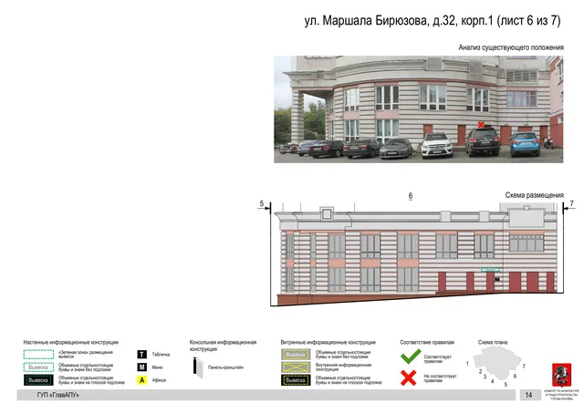 Архитектурная концепция размещения вывесок — Маршала бирюзова улица, 32, корп. 1, Москва, лист 6 из 7 · Документ по адресу · Архитектурно-художественная концепция · 2016 год