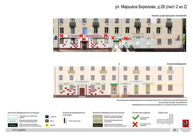 Архитектурная концепция размещения вывесок — Маршала бирюзова улица, 28, Москва, лист 2 из 2 · Документ по адресу · Архитектурно-художественная концепция · 2016 год