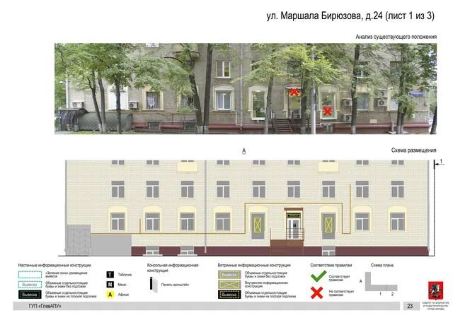 Архитектурная концепция размещения вывесок — Маршала бирюзова улица, 24, Москва, лист 1 из 3 · Документ по адресу · Архитектурно-художественная концепция · 2016 год
