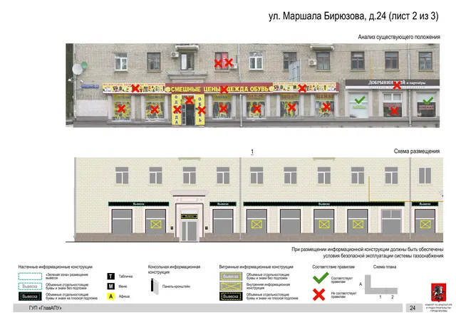 Архитектурная концепция размещения вывесок — Маршала бирюзова улица, 24, Москва, лист 2 из 3 · Документ по адресу · Архитектурно-художественная концепция · 2016 год