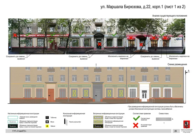 Архитектурная концепция размещения вывесок — Маршала бирюзова улица, 22, корп. 1, Москва, лист 1 из 2 · Документ по адресу · Архитектурно-художественная концепция · 2016 год