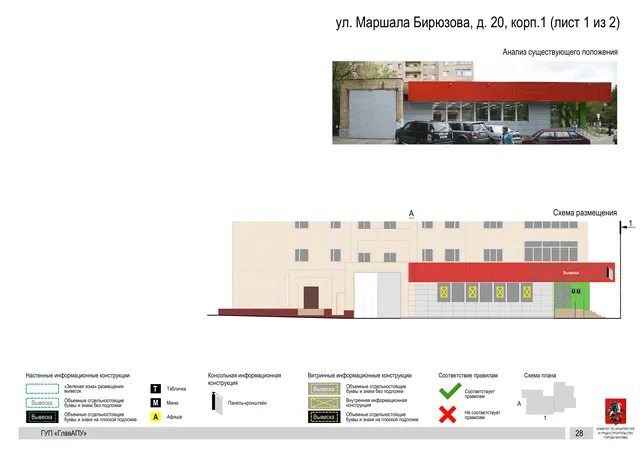 Архитектурная концепция размещения вывесок — Маршала бирюзова улица, 20, корп. 1, Москва, лист 1 из 2 · Документ по адресу · Архитектурно-художественная концепция · 2016 год