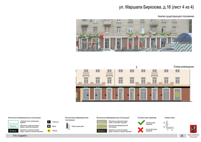 Архитектурная концепция размещения вывесок — Маршала бирюзова улица, 16, Москва, лист 4 из 4 · Документ по адресу · Архитектурно-художественная концепция · 2016 год