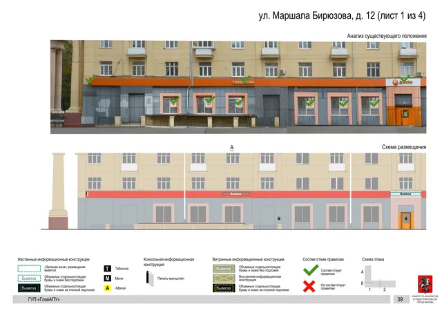 Архитектурная концепция размещения вывесок — Маршала бирюзова улица, 12, Москва, лист 1 из 4 · Документ по адресу · Архитектурно-художественная концепция · 2016 год