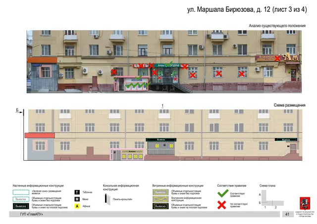 Архитектурная концепция размещения вывесок — Маршала бирюзова улица, 12, Москва, лист 3 из 4 · Документ по адресу · Архитектурно-художественная концепция · 2016 год