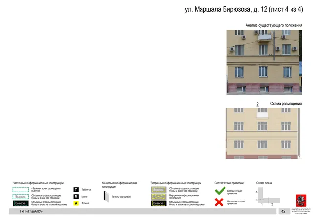 Архитектурная концепция размещения вывесок — Маршала бирюзова улица, 12, Москва, лист 4 из 4 · Документ по адресу · Архитектурно-художественная концепция · 2016 год