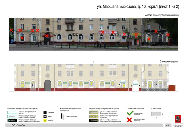 Архитектурная концепция размещения вывесок — Маршала бирюзова улица, 10, корп. 1, Москва, лист 1 из 2 · Документ по адресу · Архитектурно-художественная концепция · 2016 год